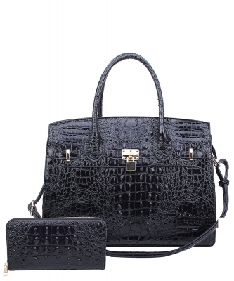 2in1 Fashion Croco Skin Satchel Wallet Set AC1096W BLACK